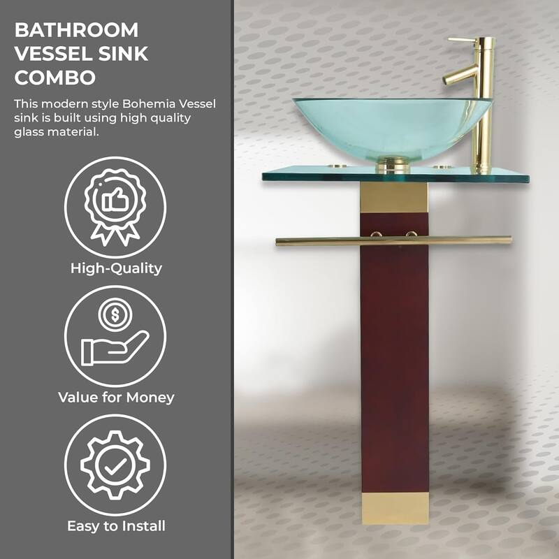Bohemia Glass Pedestal Sink with Gold Plated Faucet, Drain and Towel Bar