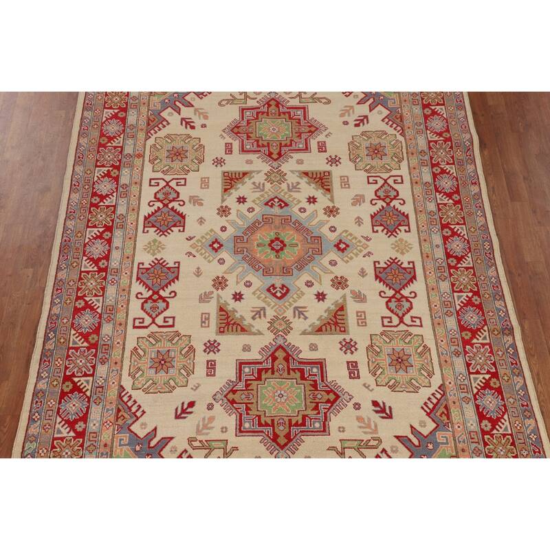 Oriental / Geometric Kazak Area Rug Hand-Knotted Wool Carpet - 6'6" x 9'8"