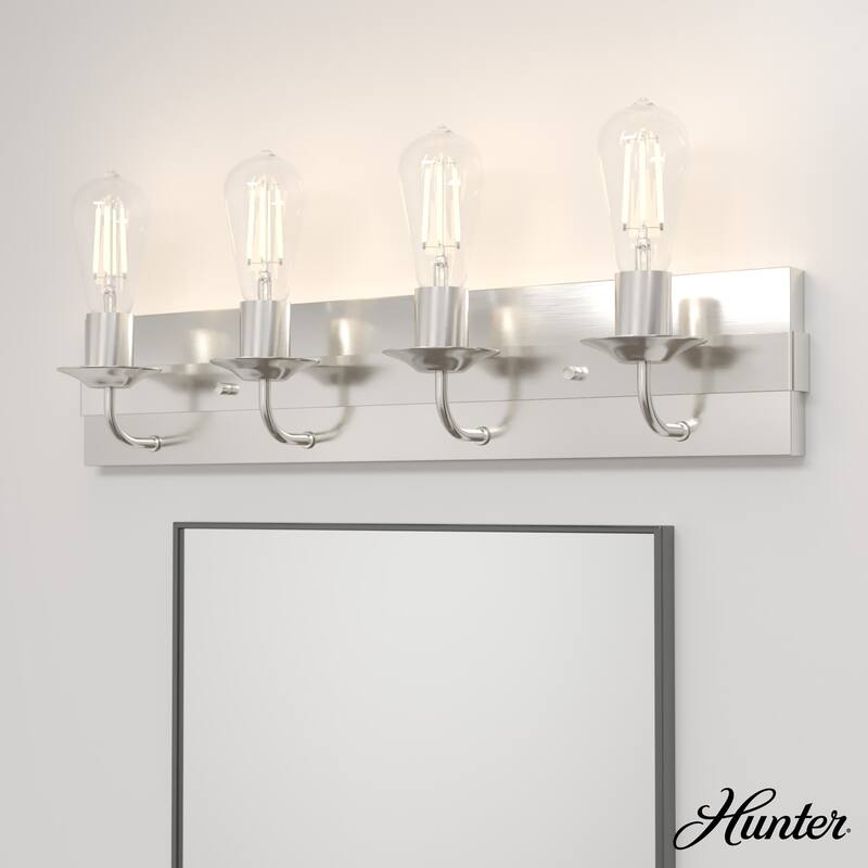 Hunter Perch Point Vanity Wall Light - Industrial, Modern Mountain, Rustic, Transitional - Damp Rated! - 26.5" - 4 Light - Brushed Nickel