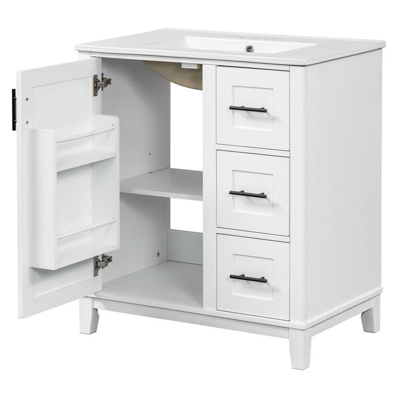 30'' Bathroom Vanity with Ceramic Sink, Freestanding Bathroom Vanity Cabinet with 3 Drawers, 1 Soft Close Door and Storage Rack