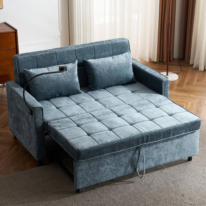 Loveseat Convertible Pull-out Sleeper Sofa Bed, with Reversible Backrest Cushion 2 USB Ports and Pockets Sleeper Couch - Blue