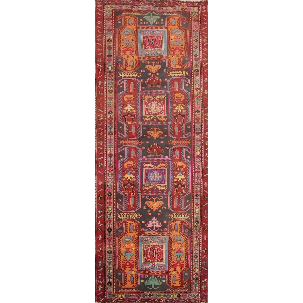 Hand Knotted Oriental 100% Wool Carpet Traditional Tribal Greys & Charcoal Ardebil Runner Rug - 11' 2'' X 3' 8''