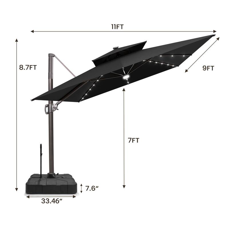 9 X 11 FT Outdoor Patio Cantilever Umbrella with Solar Lights Rod Wheel Base Double Canopy 360 Rotation Tilt