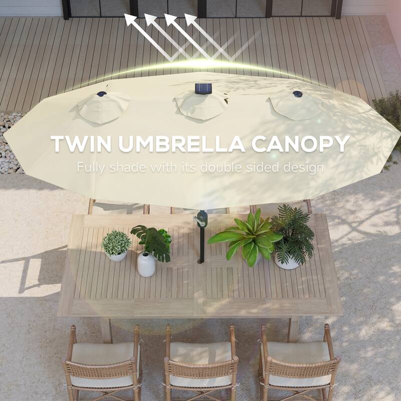 Cream White Solar-Powered LED Patio Umbrella with 12-Rib Vented Design and Easy Crank Operation - 116.5" L x 59.1" W x 89.4" H