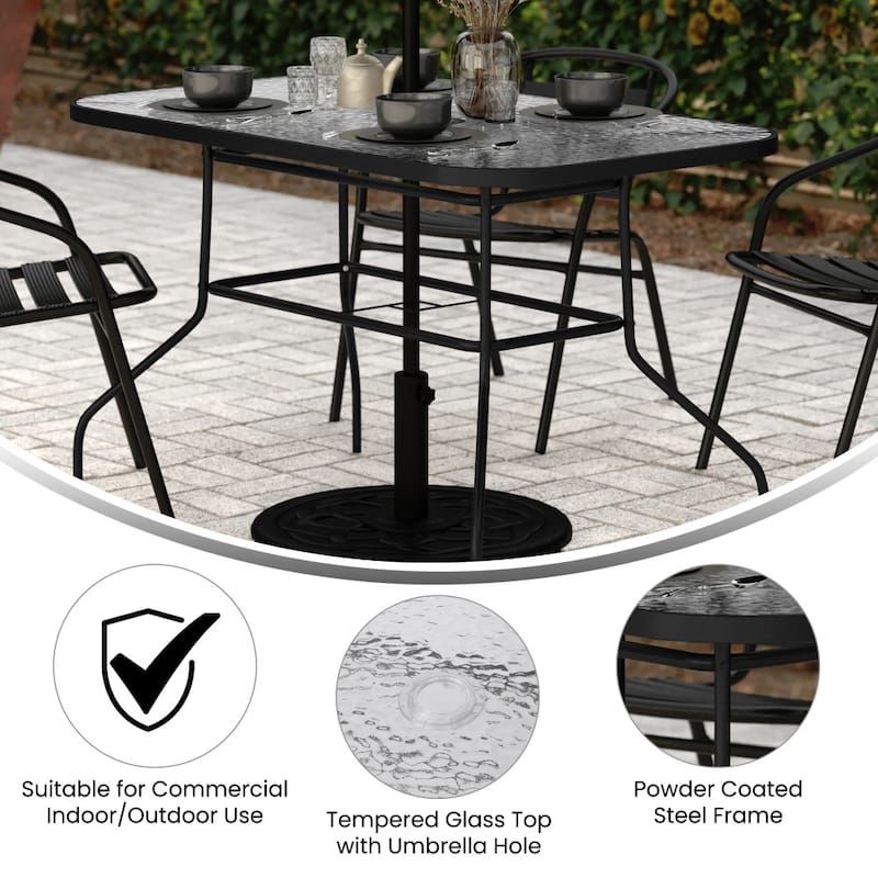 Commercial Tempered Glass and Steel Patio Table with Umbrella Hole - N/A