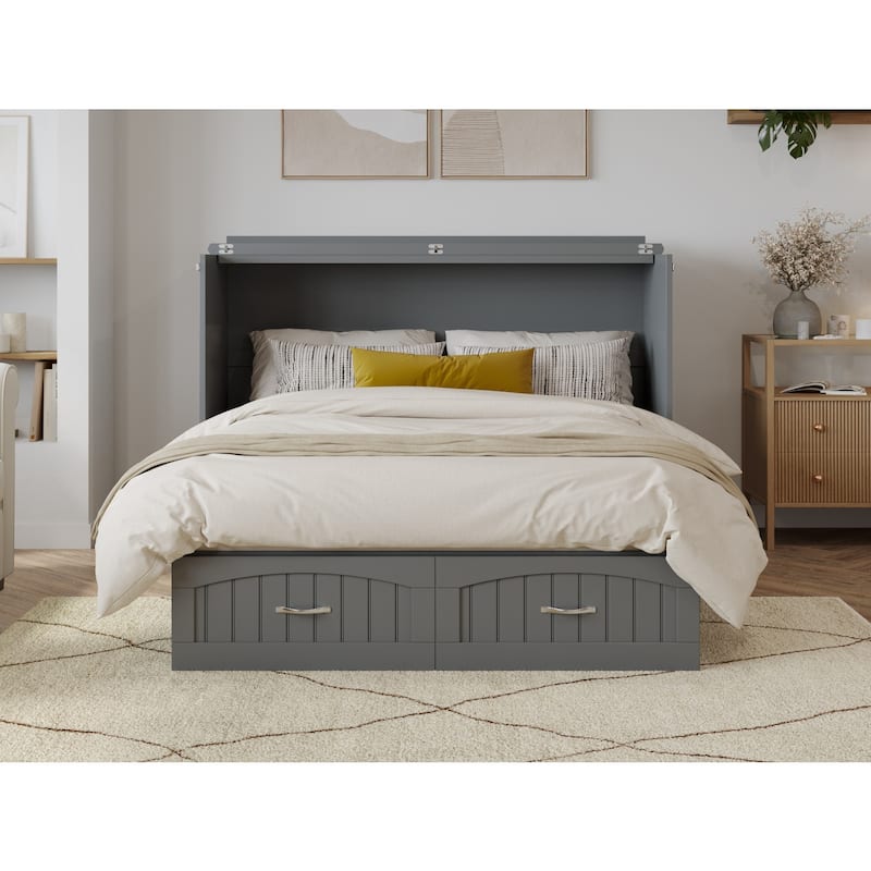Queen Murphy Bed Chest Solid Wood Storage Bed with Mattress & USB Ports - Grey, 82.5"L x 63.63"W x 41"H