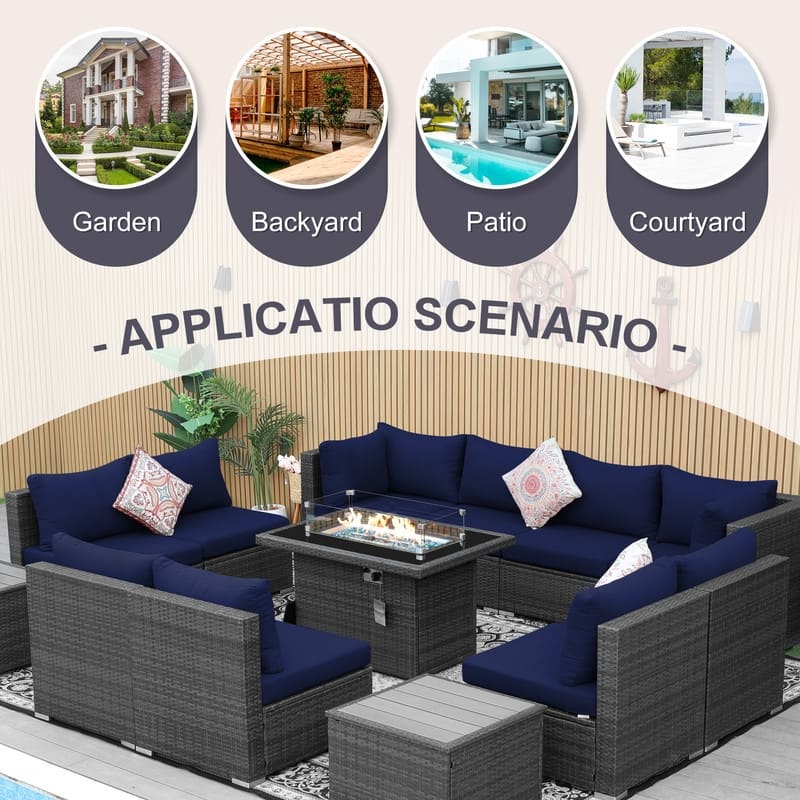 FINCATI Outdoor Grey Wicker Sectional Furniture Patio Sofa Set with Firepit Table