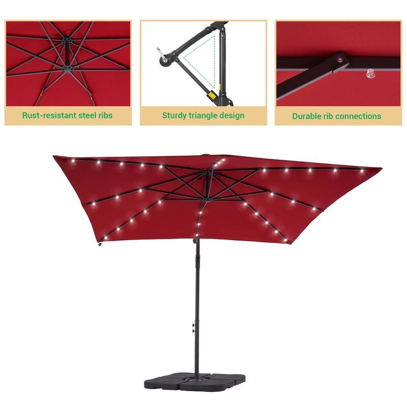 LIVOOSUN Solar Powered 8.2ft LED Patio Offset Umbrella With Base