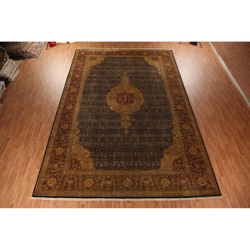 Hand Knotted Oriental 100% Wool Carpet Traditional Floral Black Kashan Area Rug - 18' 0'' X 12' 2''