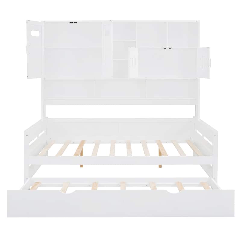 Full Size Daybed with Twin Size Trundle, Solid Wood Day Bed Frame w/All-in-One Cabinet and Shelf Compact Bedroom Daybed