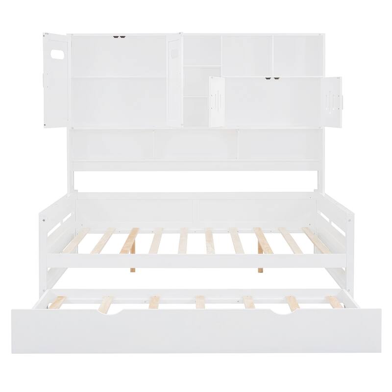 Full Size Wood Daybed with Built-in Storage Cabinet, Open Shelves & Twin Trundle Bed, Space-Saving Multi-Functional Frame