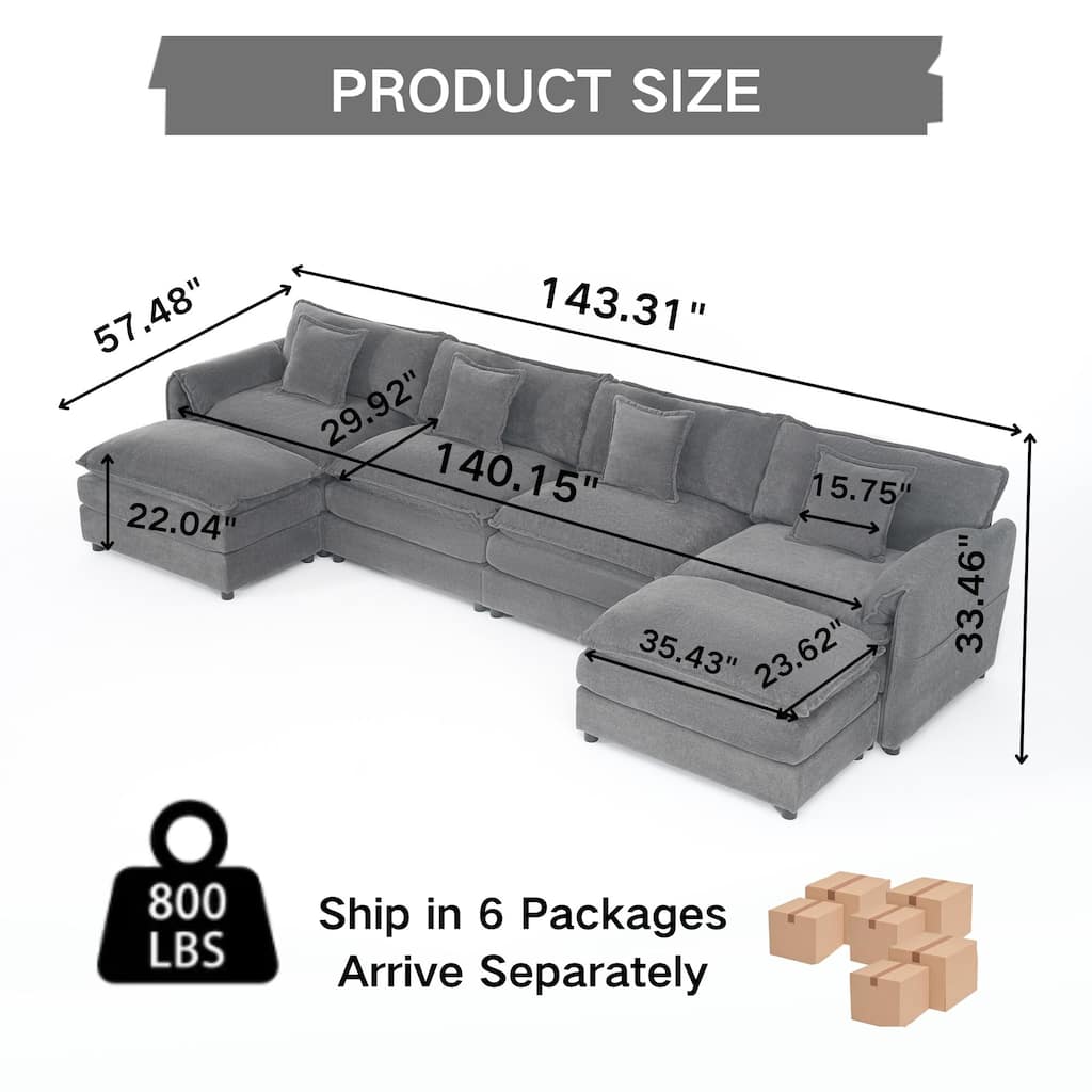 U Shaped Modular Sectional Sofa with 2 Movable Ottomans, Oversized Chenille Deep Seat Sofa, Comfy 4-Seater Sofa with Pillows