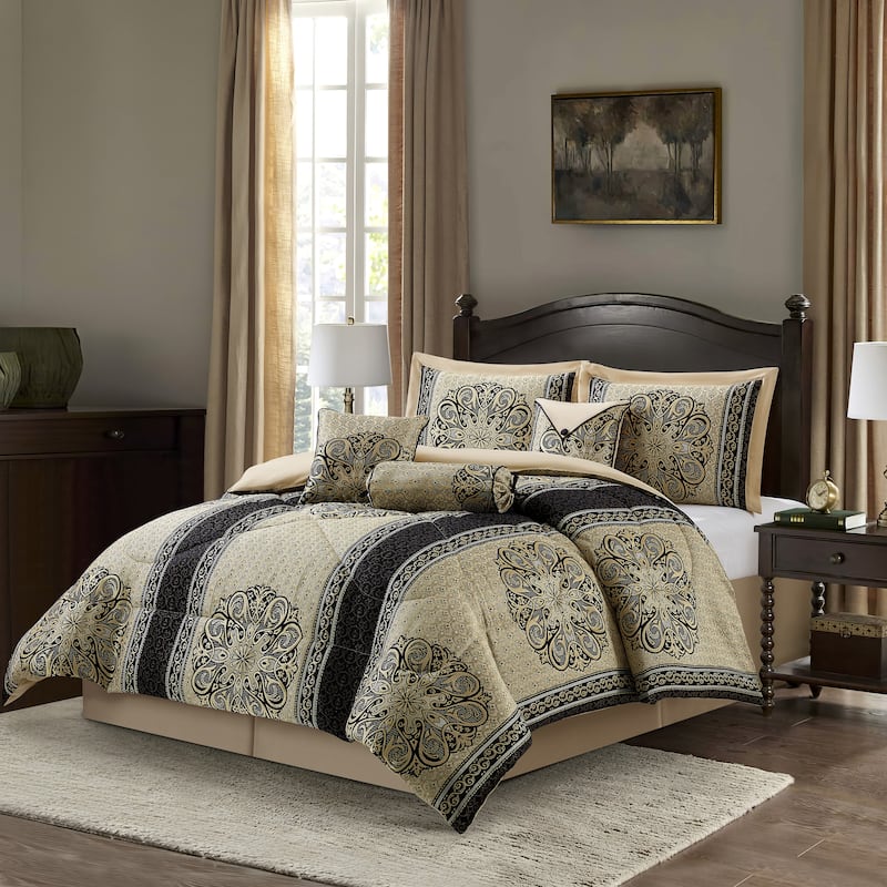 Nanshing Prince 7 Piece Elegant Medallion Comforter Set - Black Gold - California King
