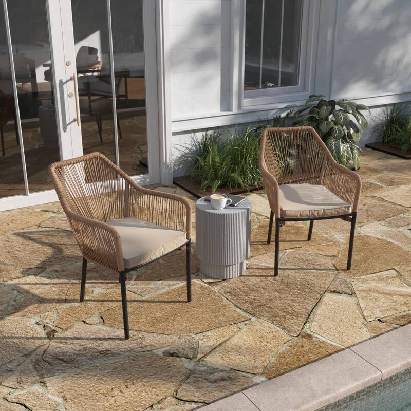 Woven Indoor/Outdoor Stacking Club Chairs - Cushions-Set of 2