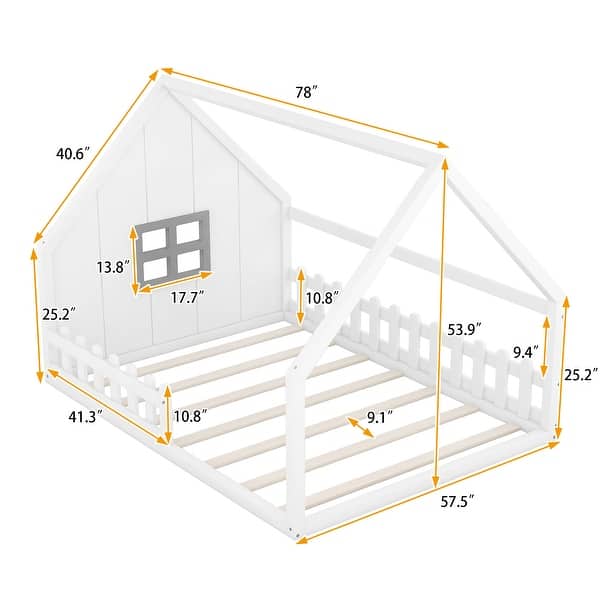 dimension image slide 0 of 2, Full Size Pine Wood House Kids Bed Frame with Window and Fence for Bedroom, Sturdy Pine Construction, Easy Assembly, Grey