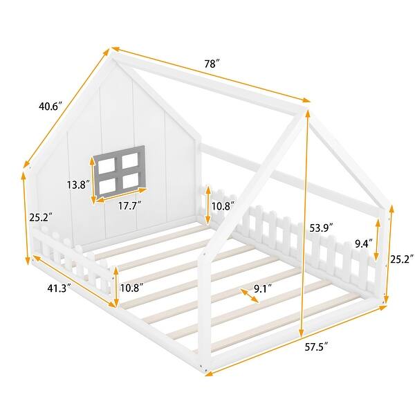 dimension image slide 0 of 2, Wood House Bed with Window and Fence