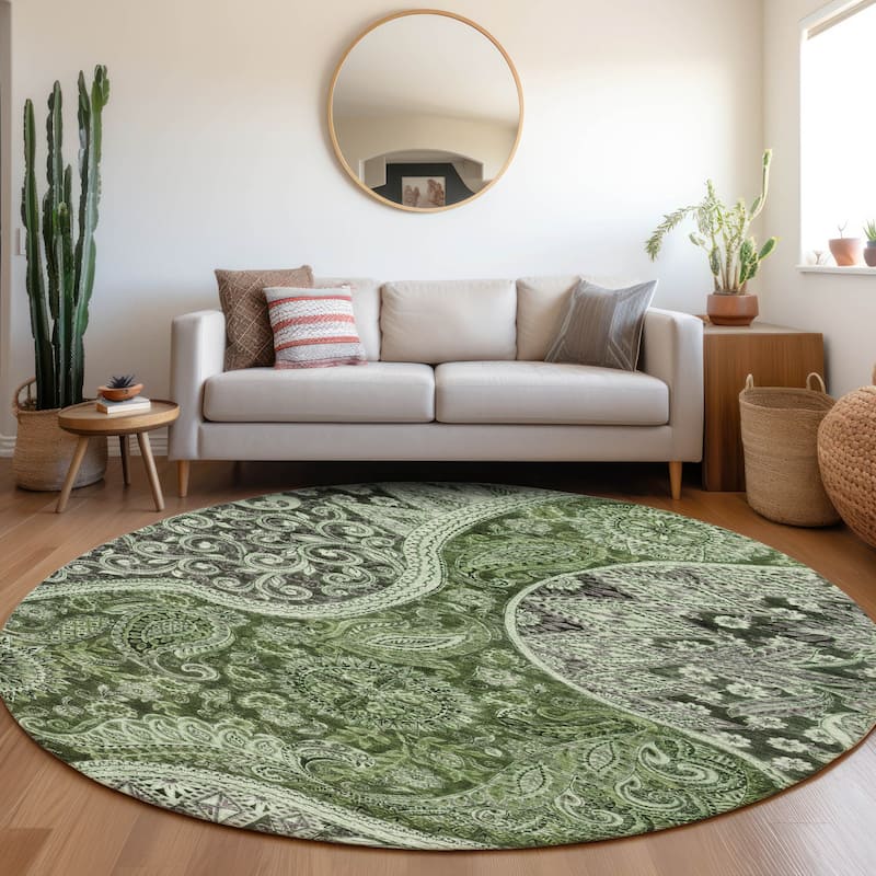 Machine Washable Indoor/ Outdoor Modern Paisley Chantille Rug - Olive - 8' x 8'