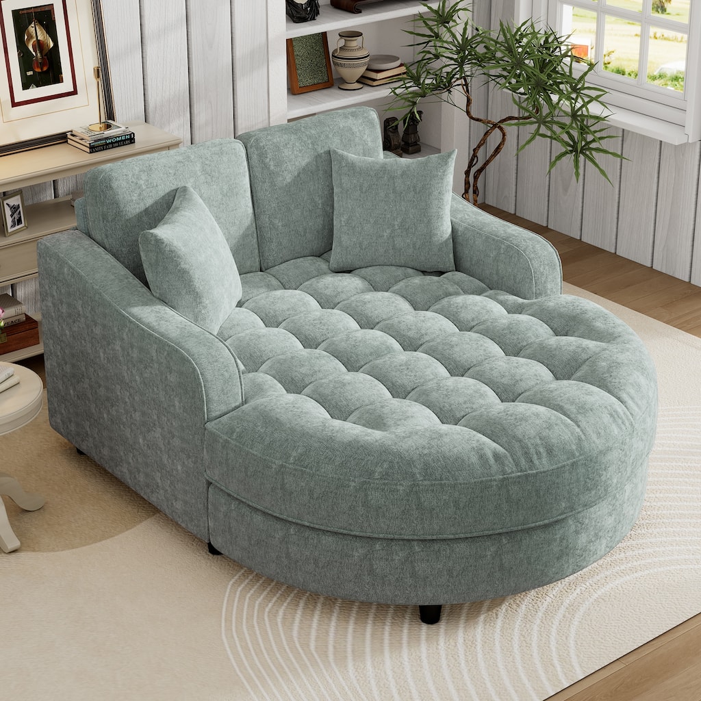 55" Misty Green Chenille Chaise Lounge Sofa Bed with Tufted Seat and Detachable Pillows