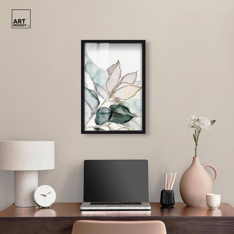 Pastel Leaves with Gold I Shadowbox by Art Remedy