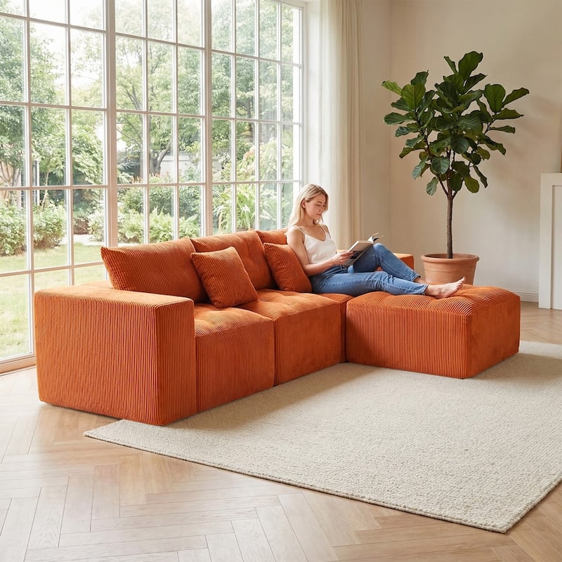 101.18" Corduroy Modular Sectional Sofa with Ottoman, No Assembly Required