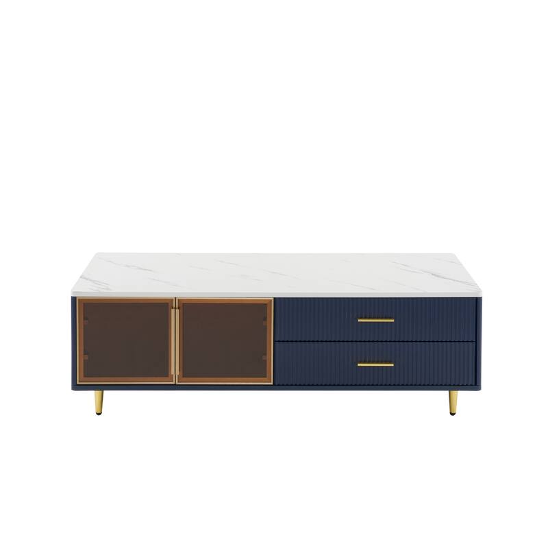 47.2" Modern Coffee Table with 2 Glass Door, 4 Drawers and Multi-Color Lighting