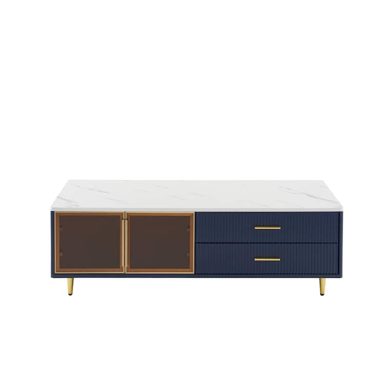 Modern 47.2" Coffee Table with 2 Glass Door Storage, 4 Drawers, Wooden Decorative Cocktail Table with Gold Metal Legs
