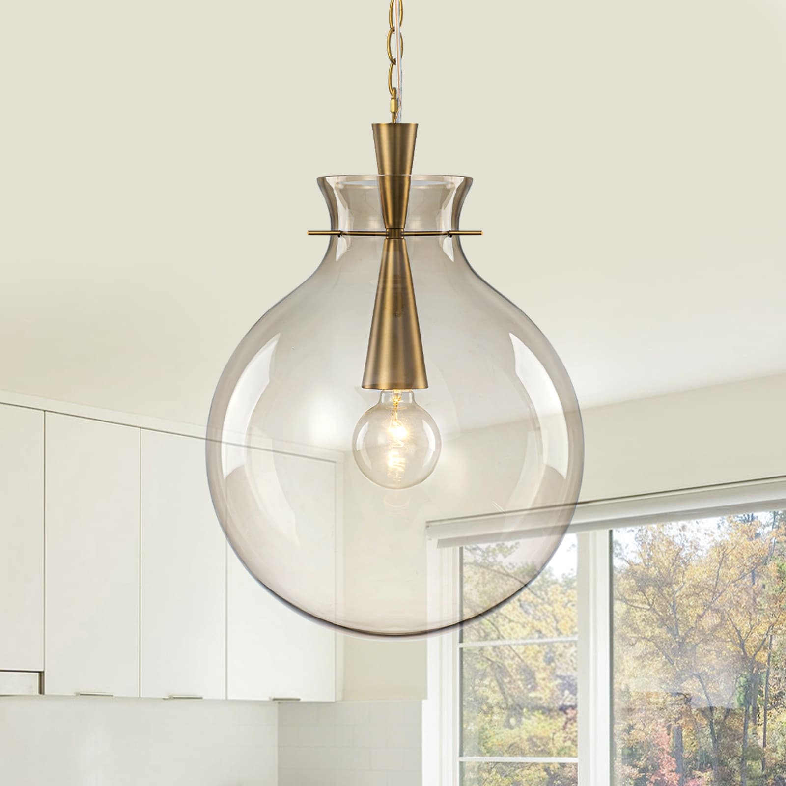 Pendant Light with Smoke Glass Shade for Kitchen Island Dining Room - Dia.15.75inch