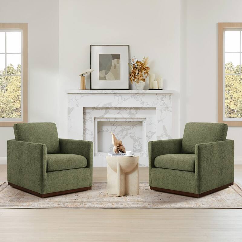 Spruce & Spring Modern Swivel Accent Chair with Wooden Base - Single - Moss Green-Fabric