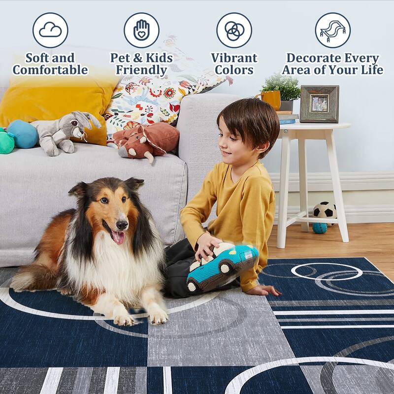 Washable Rugs for Living Room Bedroom Circles Pattern Rug Modern Geometric Area Rug