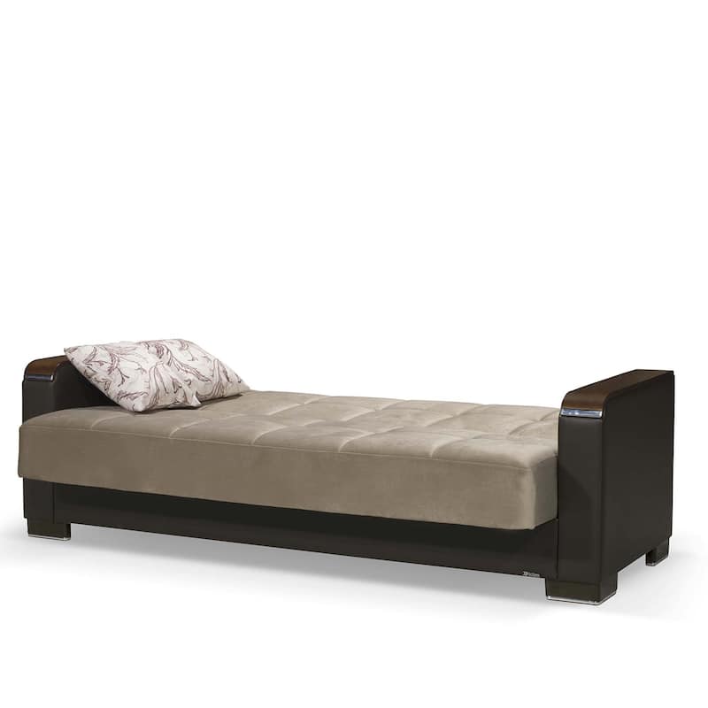 HomeRoots 87" Brown And Sand Chenille And Faux Leather Convertible Futon Sleeper Sofa With Toss Pillows And Storage