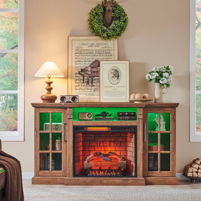 65" Fireplace TV Stand for TVs up to 75", with 28" Electric Fireplace and LED Light