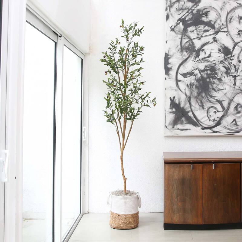 7' Artificial Olive Tree with Natural Trunk and Handmade Jute Basket - Green