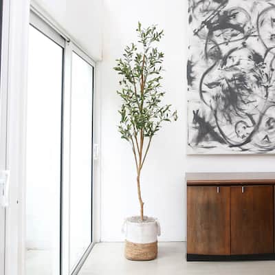 Potted Artificial Olive Tree with Handmade Jute Planter - 7' - Green