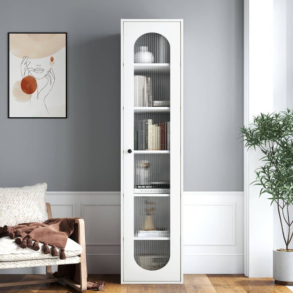 Roomfitters Tall Display Cabinet Fluted Glass Door Modern White Wooden Bookspace Slim Curio Library Storage Tower, White