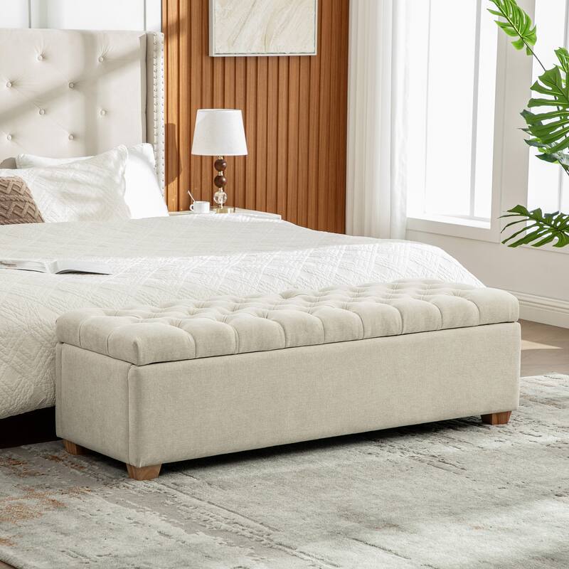 60.2" Chenille Upholstered Storage Bench with Flip-Top & Soft-Close Hinges