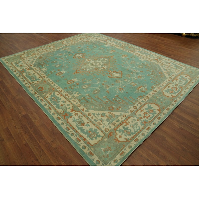 Handmade Wool Oushak Turkish Area Rug, Floral Geometric Carpet - 10' 0'' X 8' 3''