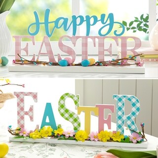 Glitzhome Wooden Happy EASTER HOP with Artificial Rattan Table Sign Decor Centerpiece