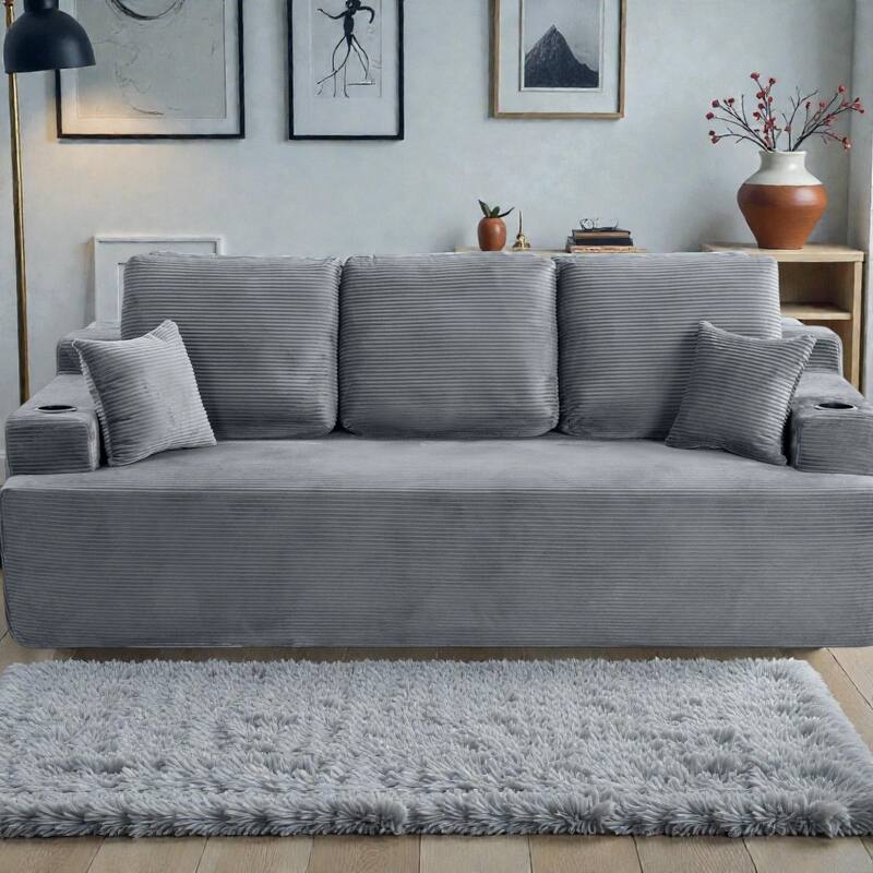 87 Inch 3 Seater Sofa Couch, Deep Seat Corduroy Living Room Sofa with Cup Holders and Side Pockets