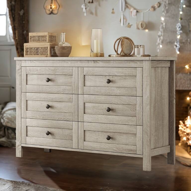 Retro Farmhouse Style Wooden Dresser with 6 Drawers, Storage Cabinet for Bedroom