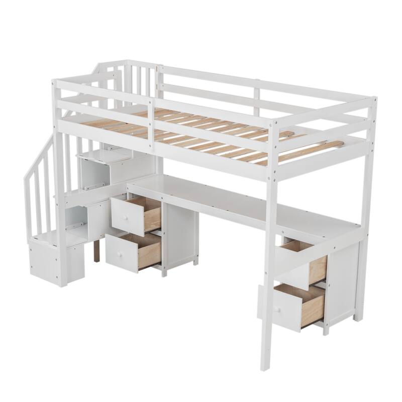 Twin Loft Bed with Built-in Desk and Double Drawers, White