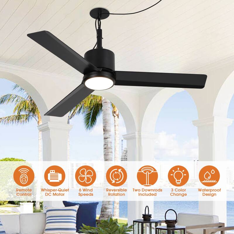 42" Modern Black Waterproof Wet Outdoor Gazebo Ceiling Fan with Light and Hook
