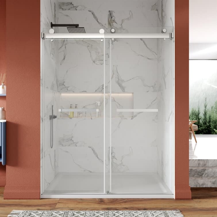 DeerValley 56" - 60" W x 76" H Double Sliding Frameless Shower Enclosure, Stainless Steel Accessories