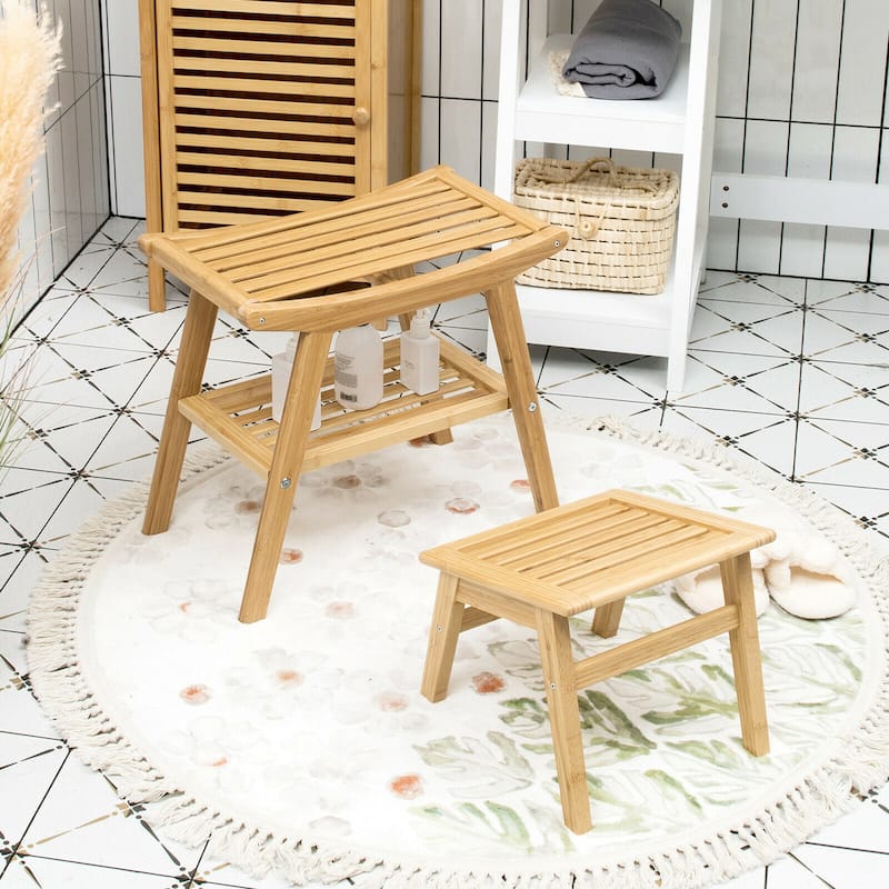 Bamboo Shower Seat Bench w/Underneath Storage Shelf, Spa Bath Seat