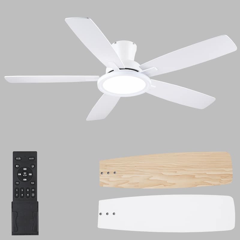 52/54 Inch Flush Mount Low Profile Ceiling Fan with Light,Remote and App Control - 52 Inches - White
