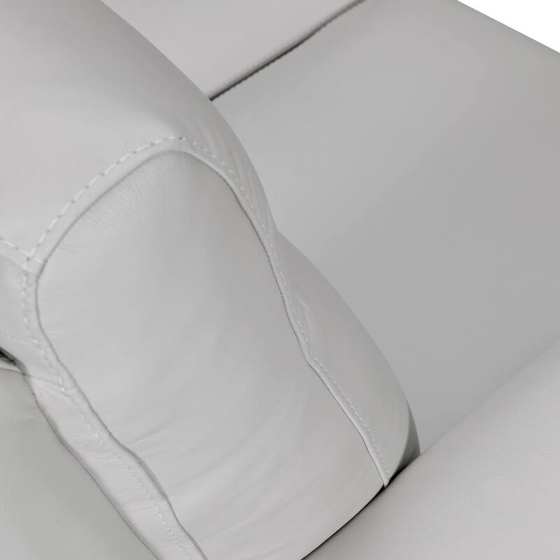 Reysa Sofa, Soft Dove Gray Leather Cushions, Brown Wood, 83 Inch