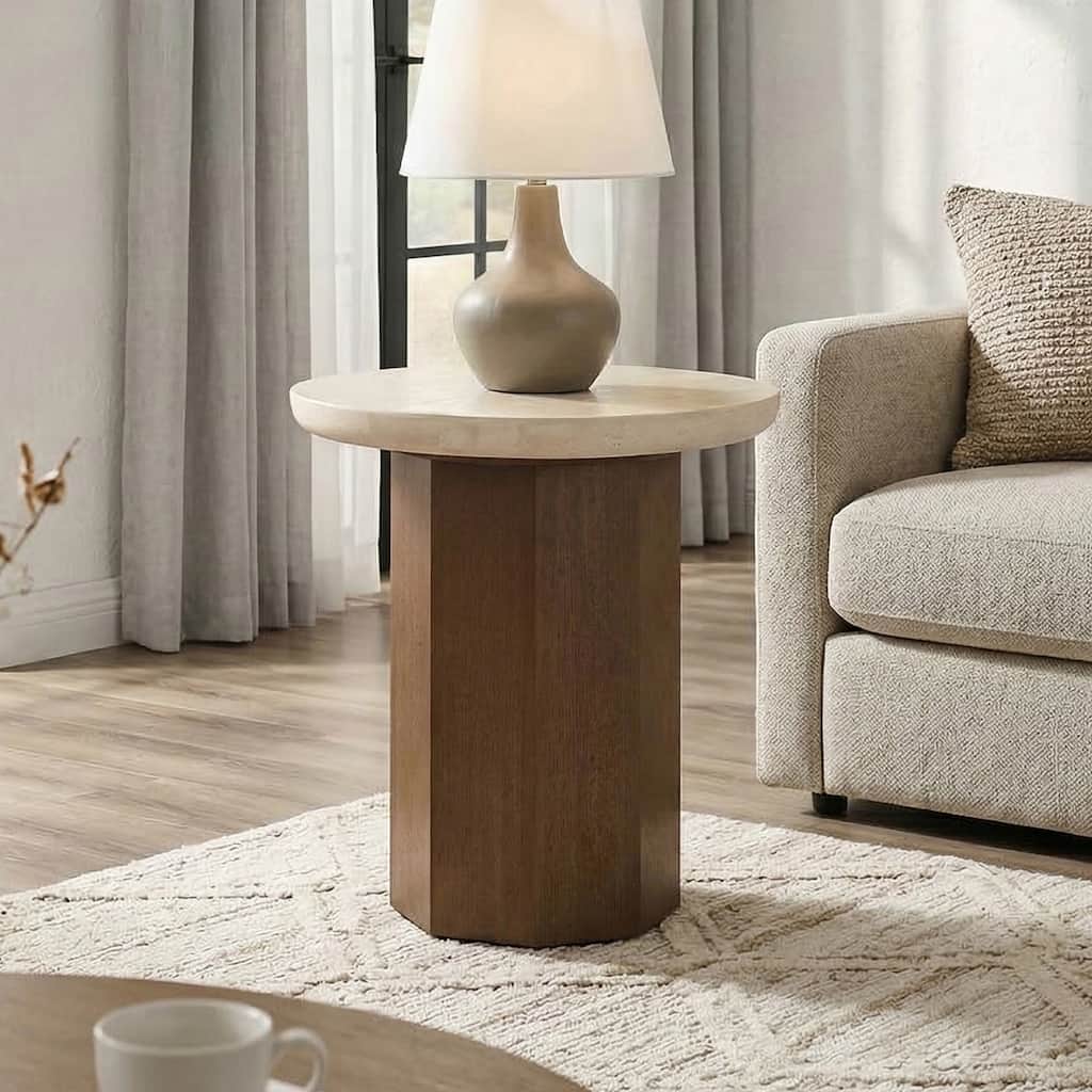 Furniture of America Elrik Modern Brown Oak Wood Pedestal Base End Table with Yellow Bullnose Profile Edge Travertine Top