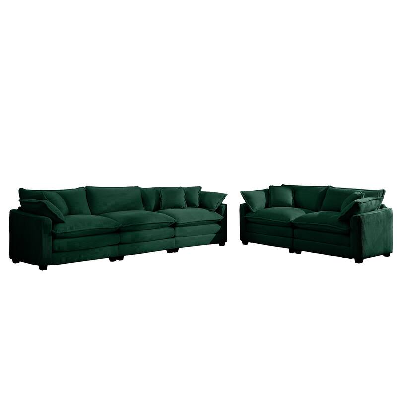 Corduroy Fabric Deep Seat Sofas Set with Throw Pillows, 3+2 Seater Flexible Combinations Sofa with Removable Armrests