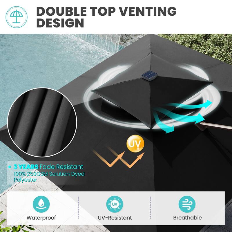 11 FT Square Outdoor Double Top Solar Powered LED Patio Cantilever Umbrella