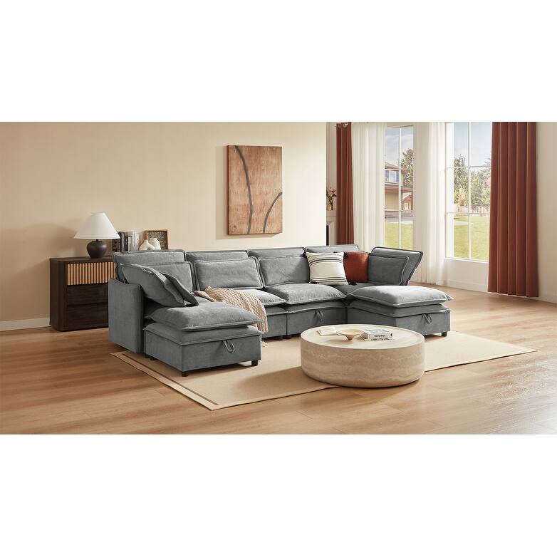 124" U-Shaped Modular Sectional Sofa with Storage & Bed