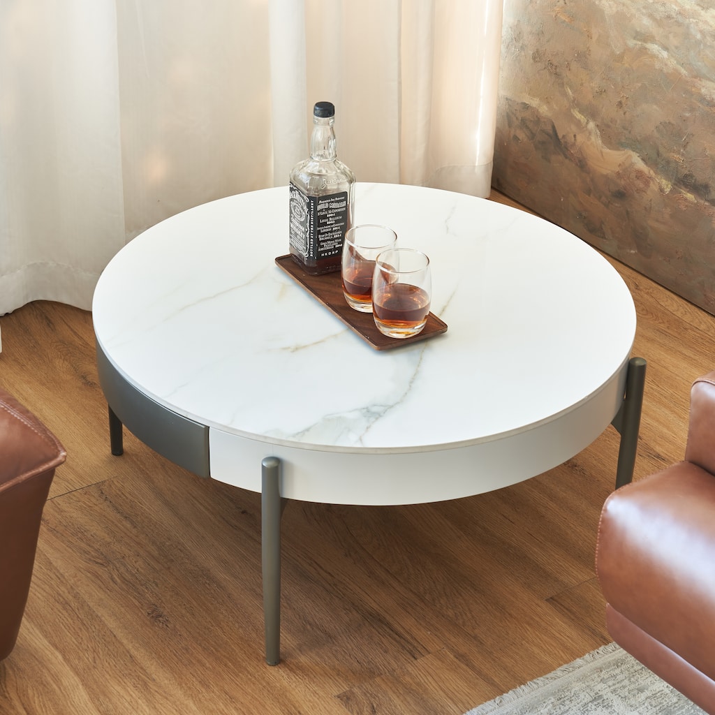 Sintered Desktop Round Coffee Table, Modern Cocktail Table with Drawers